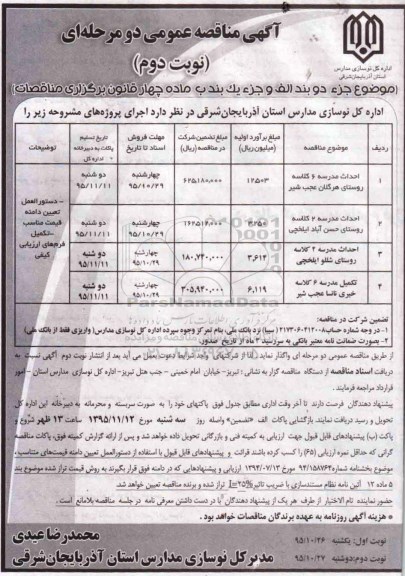 آگهی مناقصه عمومی دو مرحله ای , مناقصه احداث مدرسه 6 کلاسه روستای .... نوبت دوم