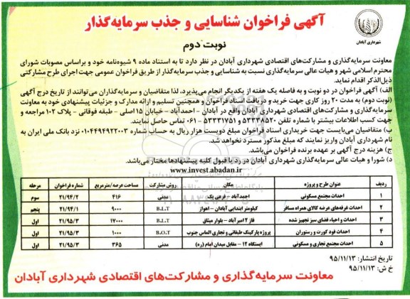 آگهی فراخوان شناسایی و جذب سرمایه گذار, فراخوان احداث مجتمع مسکونی...  نوبت دوم 