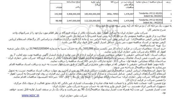 آگهی مناقصه عمومی همراه با ارزیابی کیفی,مناقصه  DRILL PIPES 