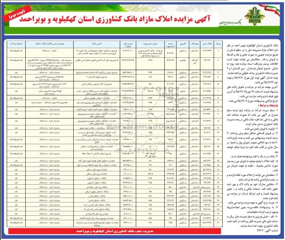 مزایده,مزایده املاک مازاد بانک کشاورزی در سطح استان نوبت دوم 