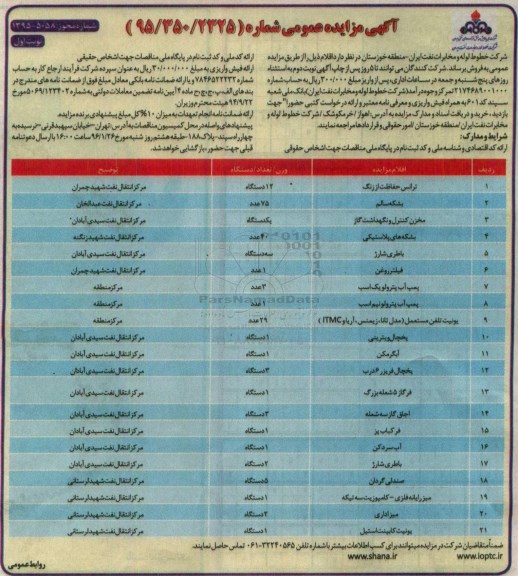 مزایده عمومی , مزایده عمومی فروش ترانس حفاظت از زنگ ....