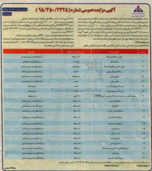 مزایده عمومی , مزایده عمومی فروش ترانس حفاظت از زنگ .... نوبت دوم