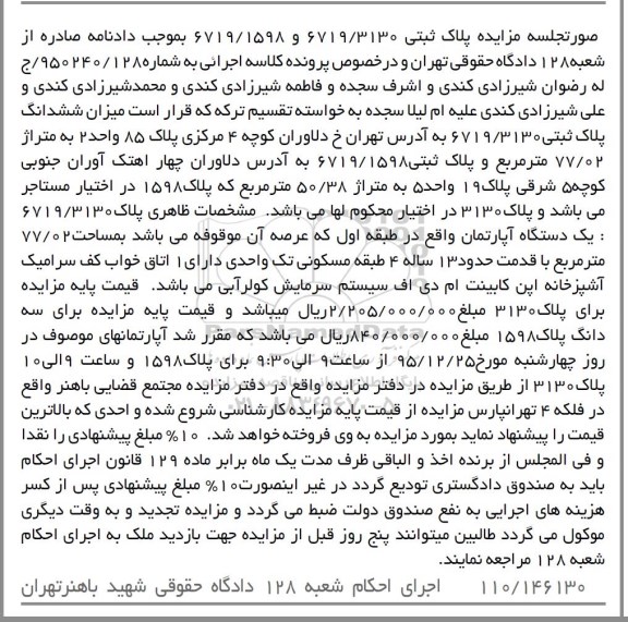 مزایده,مزایده ششدانگ پلاک ثبتی مساحت 77.02متر