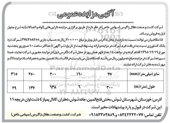 آگهی مزایده عمومی, مزایده فروش لوله و اتصالات