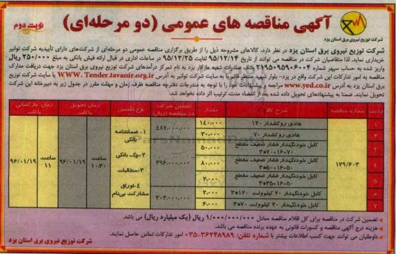 آگهی مناقصه های عمومی دو مرحله ای , مناقصه هادی روکشدار 120....- نوبت دوم 