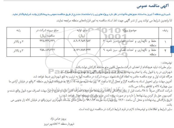 مناقصه حفظ و نگهداری و احداث فضای سبز و ...