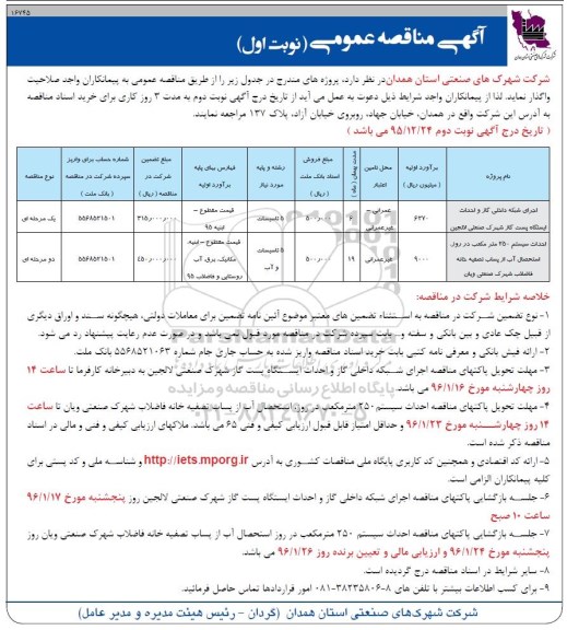 مناقصه اجرای شبکه داخلی گاز -احداث سیستم 250 مترمکعب در روز 