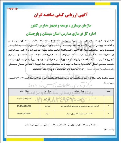 آگهی ارزیابی کیفی مناقصه گران , ارزیابی کیفی احداث مدرسه شبانه روزی متوسطه... نوبت دوم