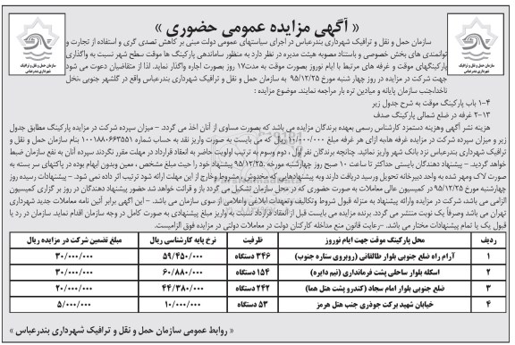 آگهی مزایده عمومی حضوری, مزایده واگذاری پارکینگهای موقت و غرفه های مرتبط با ایام نوروز