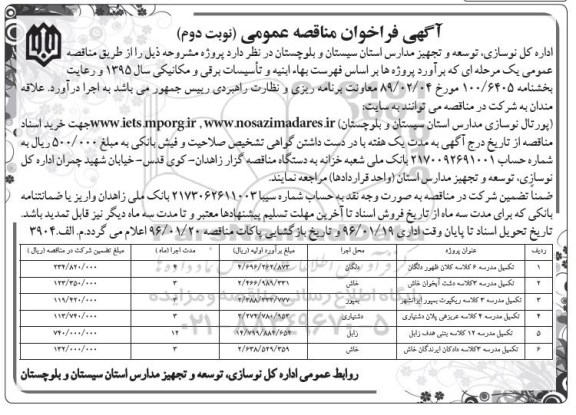 فراخوان مناقصه , مناقصه تکمیل مدرسه 6 کلاسه کلان ظهور دلگان- نوبت دوم 