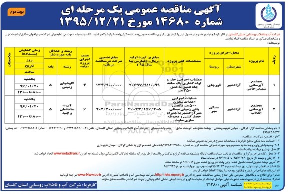 آگهی مناقصه عمومی یک مرحله ای , مناقصه مجتمع آبرسانی نوبت دوم 