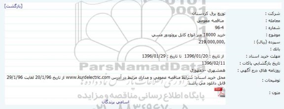 مناقصه خرید 18000 متر انواع کابل پروتودور مسی