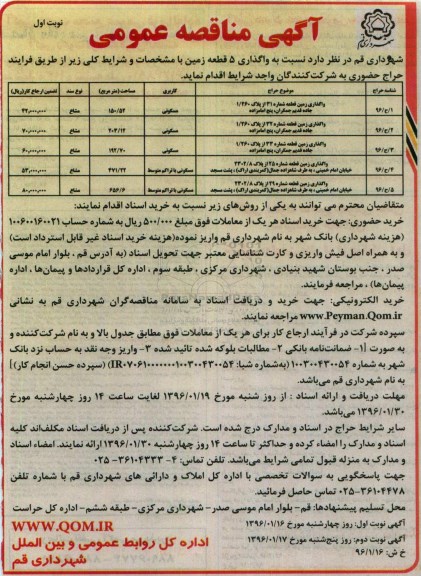 مزایده,مزایده واگذاری 5 قطعه زمین حراج حضوری 