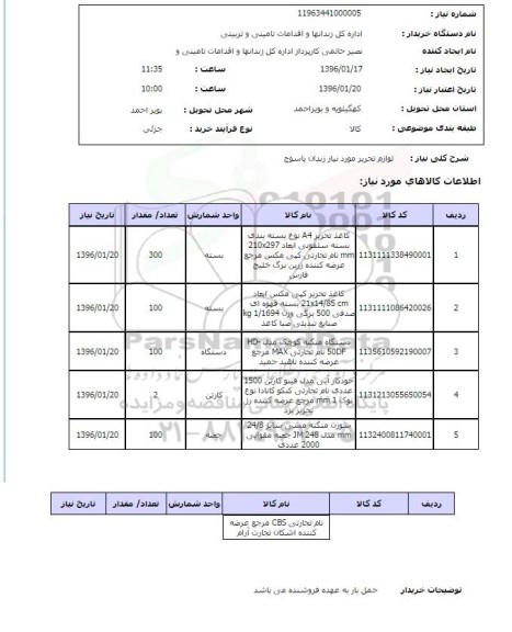 استعلام , استعلام لوازم تحریر مورد نیاز زندان یاسوج