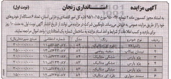 آگهی مزایده , مزایده فروش تعداد 6 دستگاه از خودروها