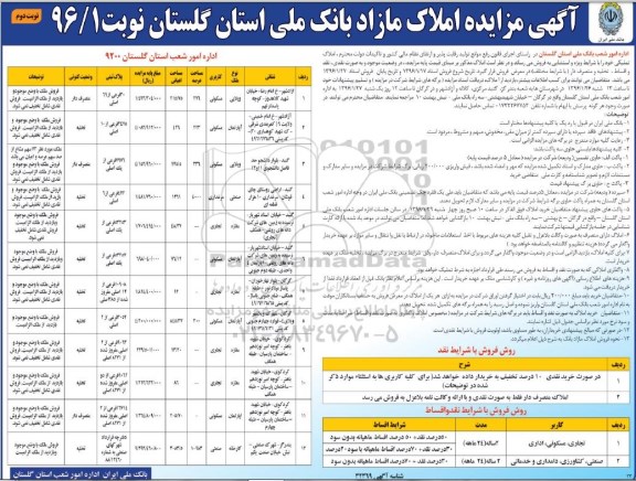 مزایده,مزایده املاک مازاد بانک ملی استان گلستان نوبت دوم 