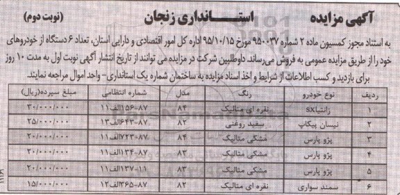 آگهی مزایده , مزایده فروش تعداد 6 دستگاه از خودروها- نوبت دوم 