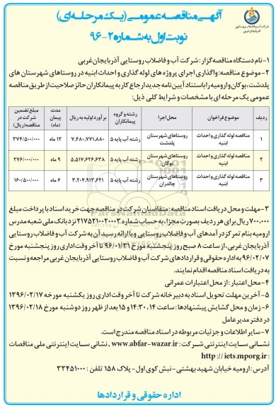 آگهی مناقصه عمومی , مناقصه لوله گذاری و احداث ابنیه 