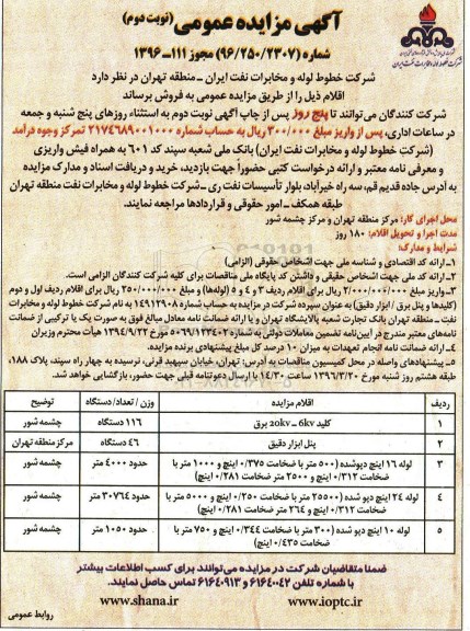 آگهی مزایده عمومی , مزایده عمومی کلید برق ، پنل ابزار دقیق و ... نوبت دوم 