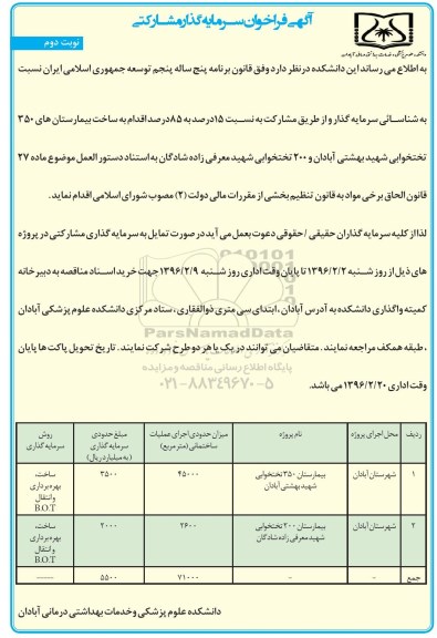 آگهی فراخوان سرمایه گذار مشارکتی, فراخوان ساخت بیمارستان های 350 تخت خوابی - نوبت دوم  96.02.02