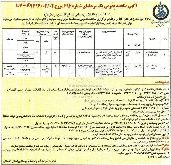 آگهی مناقصه عمومی, مناقصه عملیات اجرایی احداث تصفیه خانه فاضلاب مجتمع تلور و ...