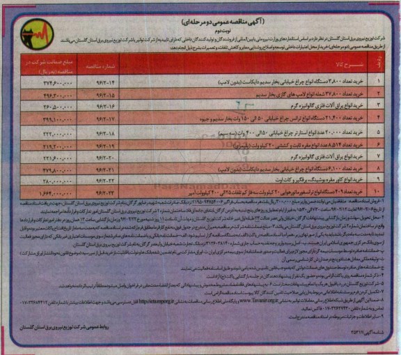 آگهی مناقصه عمومی دو مرحله ای , مناقصه خرید تعداد 3.800 دستگاه انواه چراغ خیابانی بخار سدیم دایکاست ...- نوبت دوم