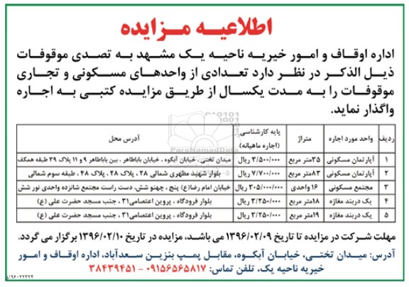 اطلاعیه مزایده , مزایده تعدادی از واحدهای مسکونی و تجاری موقوفات