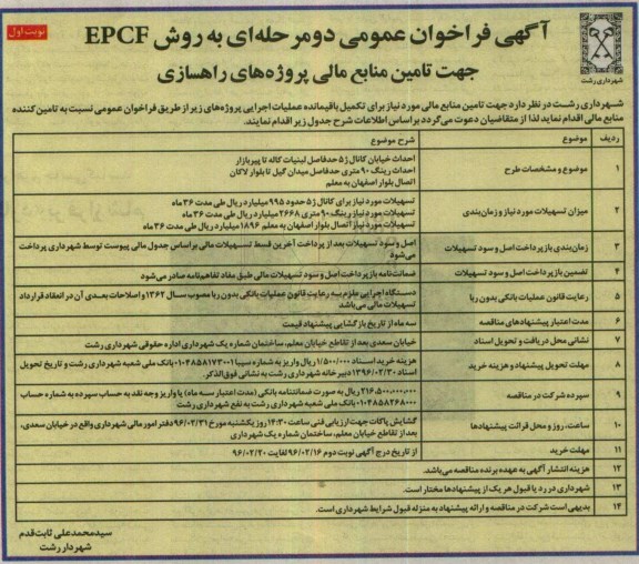 آگهی فراخوان عمومی, فراخوان  تامین منابع مالی پروژه های راهسازی 