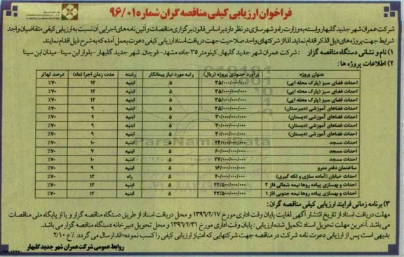 فراخوان ارزیابی کیفی مناقصه گران, مناقصه احداث فضای سبز (پارک محله ایی)