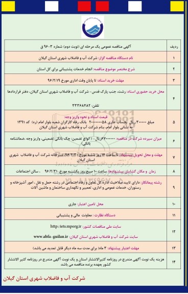 آگهی مناقصه عمومی یک مرحله ای, مناقصه انجام خدمات پشتیبانی برای کل استان