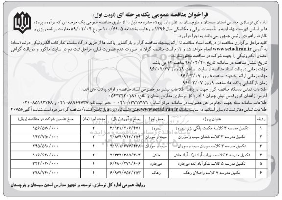 فراخوان مناقصه , مناقصه تکمیل مدرسه 3 کلاسه حکمت پلگی بزی نیمروز...