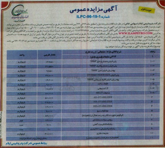 آگهی مزایده عمومی , مزایده 214 تن ضایعات پلیمری