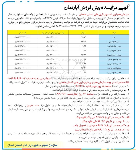 مزایده,مزایده پیش فروش تعدادی از واحدهای مسکونی در حال احداث 