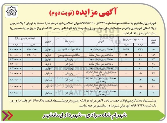 مزایده,مزایده فروش نه پلاک زمین از پلاکهای شهرداری نوبت دوم 96.3.20