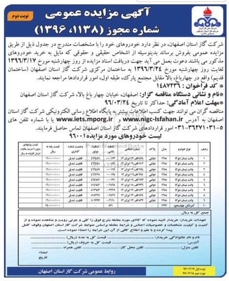 آگهی مزایده عمومی , مزایده فروش خودرو نوبت دوم 