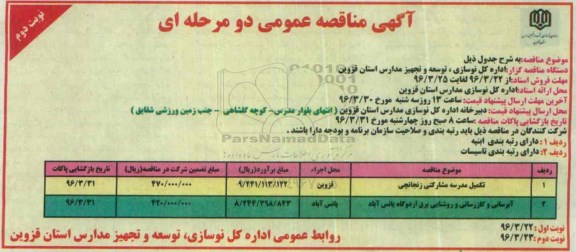 آگهی مناقصه عمومی دو مرحله ای , مناقصه تکمیل مدرسه مشارکتی زنجانچی... نوبت دوم 