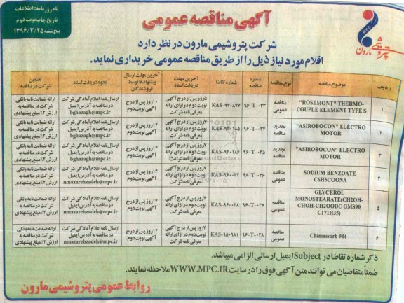 آگهی مناقصه عمومی , مناقصه ROSEMONT THERMO - COUPLE....نوبت دوم