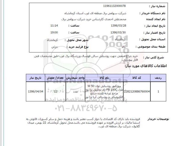 استعلام خرید چراغ صنعتی جهت روشنایی سالن فوتسال  