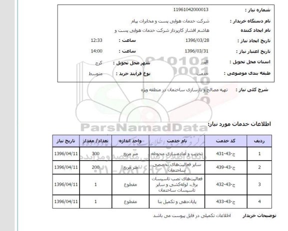 استعلام, استعلام تهیه مصالح و بازسازی ساختمان