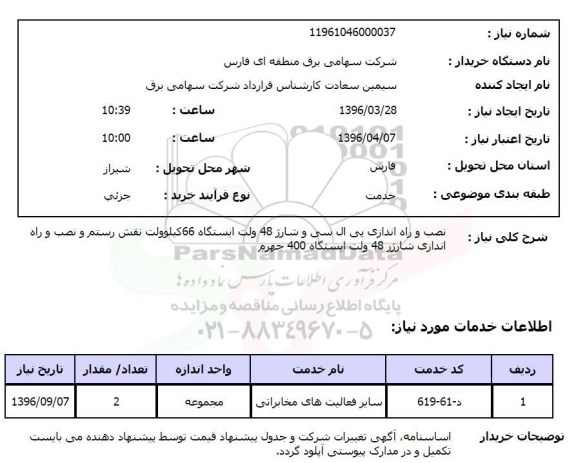 استعلام , استعلام نصب و راه اندازی پی ال سی و شارژ 48 ولت ایستگاه 66 کیلوولت و ... 