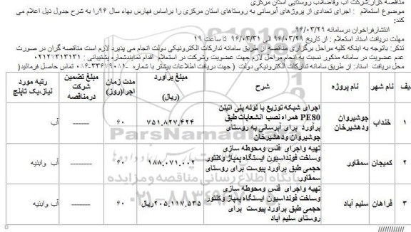 آگهی استعلام , استعلام اجرای تعدادی از پروژه های آبرسانی