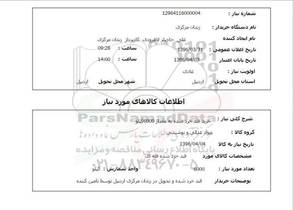 استعلام  خرید قند خرد شده به مقدار 6000 کیلو