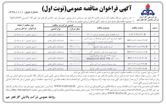 مناقصه , فراخوان مناقصه خرید قطعات یدکی مجموعه ژنراتور (9100)...