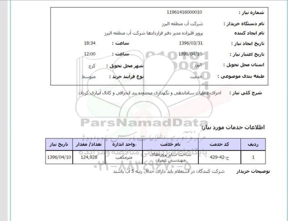 استعلام، استعلام اجرای عملیات ساماندهی و نگهداری محدوده بند انحرافی و