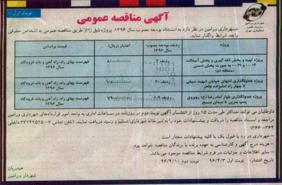 آگهی مناقصه عمومی , مناقصه پروژه تهیه و پخش لکه گیری و پخش آسفالت