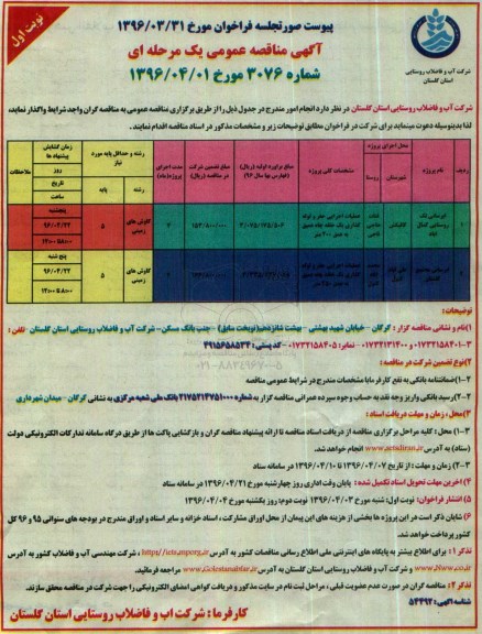 آگهی مناقصه عمومی یک مرحله ای , مناقصه آبرسانی