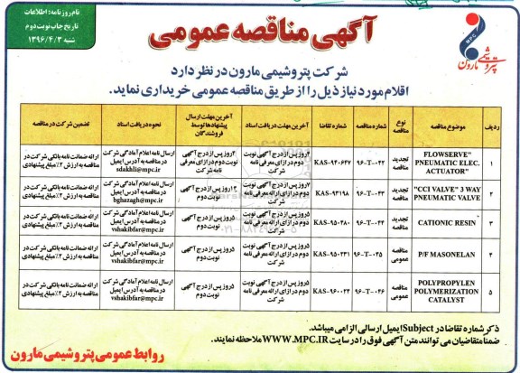 آگهی مناقصه عمومی, مناقصه  FLOWSERVE PNEUMATIC ELEC.ACTUATOR نوبت دوم 