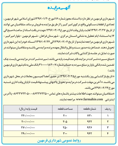 مزایده,مزایده فروش تعدادی از قطعات مسکونی کوی امیرکبیر 