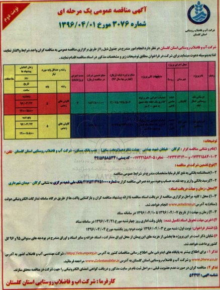 آگهی مناقصه عمومی یک مرحله ای , مناقصه آبرسانی نوبت دوم 