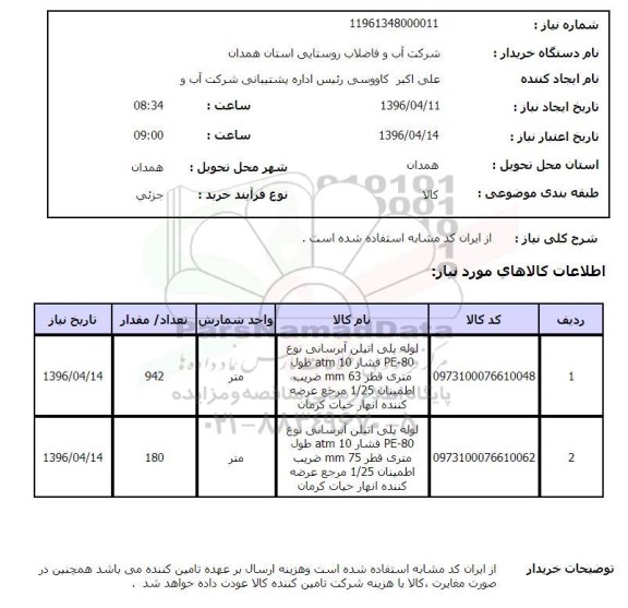 استعلام, استعلام لوله پلی اتیلن آبرسانی